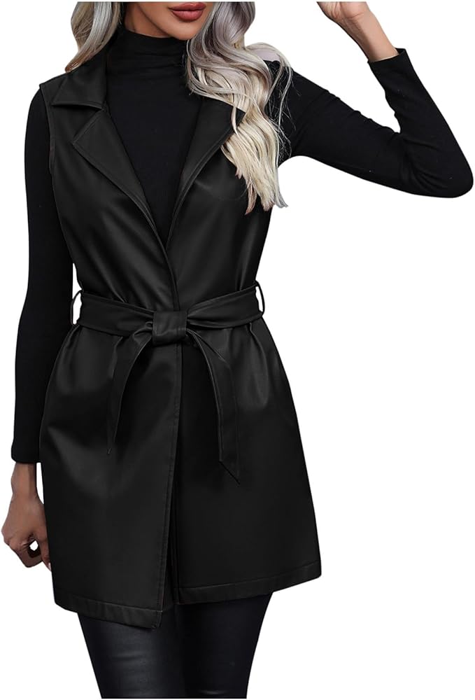 Women's Leather Vest Solid Notched Lapel Waistcoat Jacket Open Front Sleeveless Pu Faux Leather Vest Jacket with Belt Black