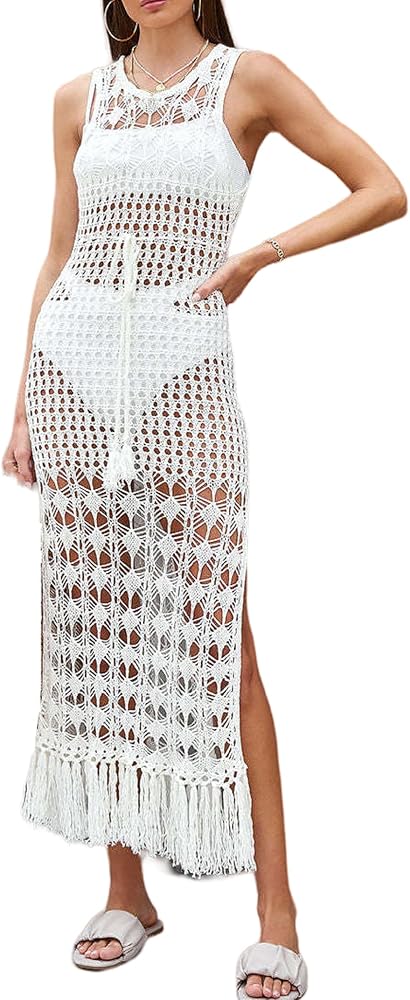 Wander Ago Beach Sun Perspective Knit Cover Dresses Bikini Cover-ups Net Long Skirt Dress See-through White 20