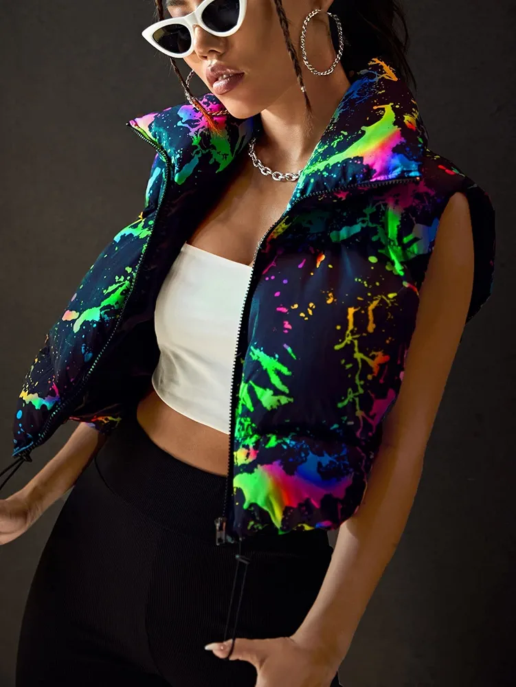 Jackets for Women - Splash Ink Print Zip Up Puffer Vest Coat (Color : Multicolor, Size : Small)