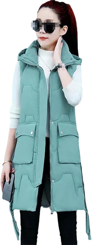 Autumn Winter Mid-Length Down Cotton Vest Women Coat Solid Zipper Hooded Waistcoat Ladies Vest Jacket