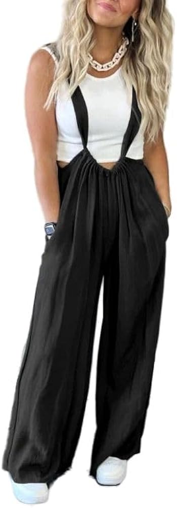 Suspender Style Jumpsuit,Womens Sleeveless Suspender Overalls,Solid Baggy Wide Leg Long Pant Romper Pockets