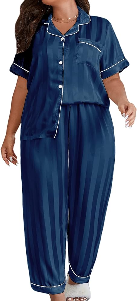 OYOANGLE Women's Plus Size Satin Pajama Set Silky Short Sleeve Button Down Tops and Pants Sleepwear Loungewear