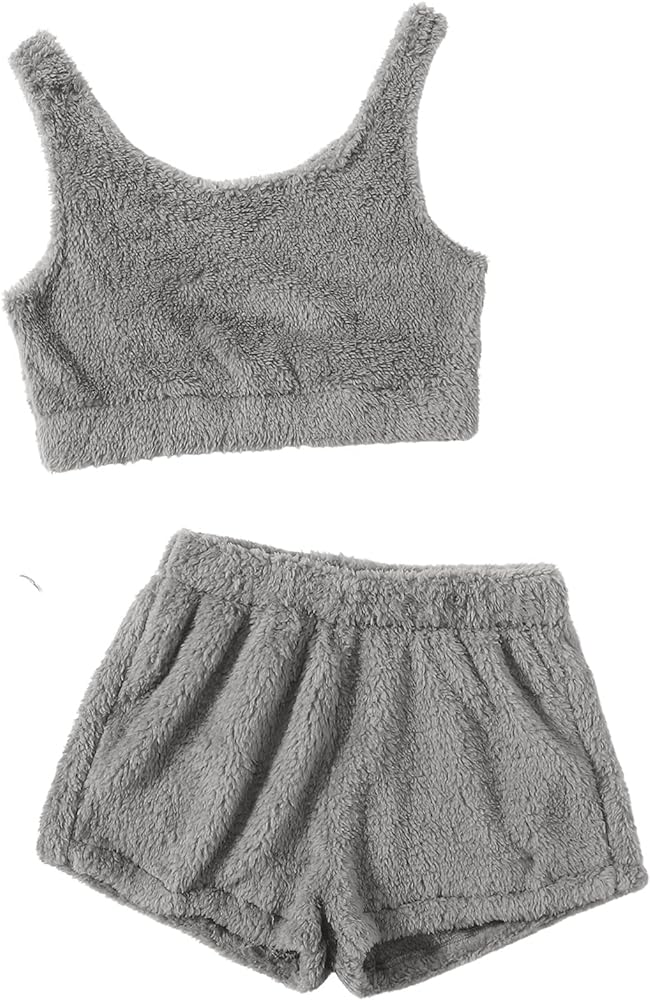 Verdusa Women's Fuzzy Pajamas Set Loungewear Crop Tank Top and Shorts Sleepwear