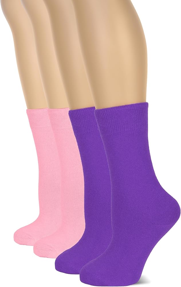 Hugh Ugoli Women's Cotton Crew Socks | Plain Color, Regular Fit, Soft Casual Socks for Trouser, 4 Pairs, Purple/Pink, Shoe Size: 6-9