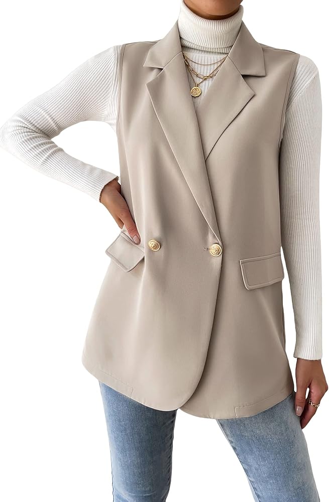 Milumia Women's Elegant Sleeveless Blazer Jackets Shawl Collar Open Front Vest Cardigan Solid Apricot Large