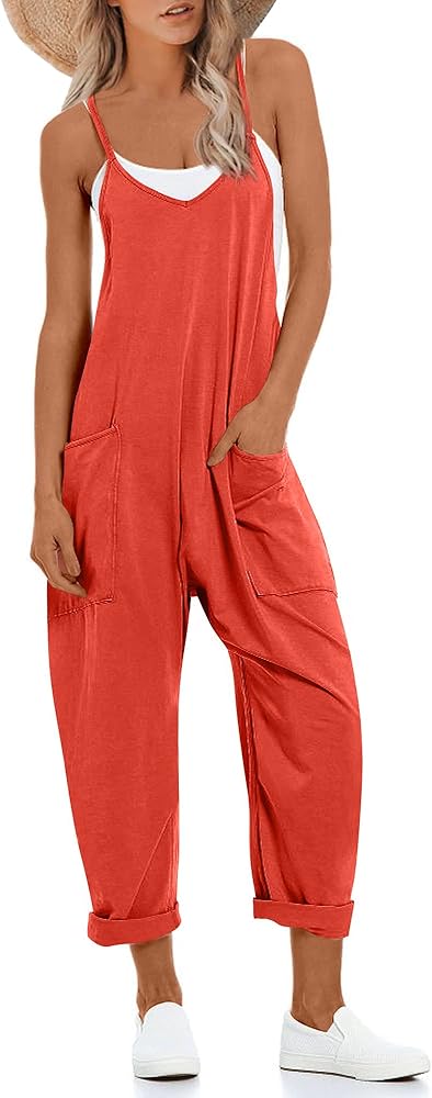 One Piece Jumpsuits for women V Neck Sleeveless Loose Fit overalls Spaghetti Strap Harem Long Pants with Pockets(Orange，L)