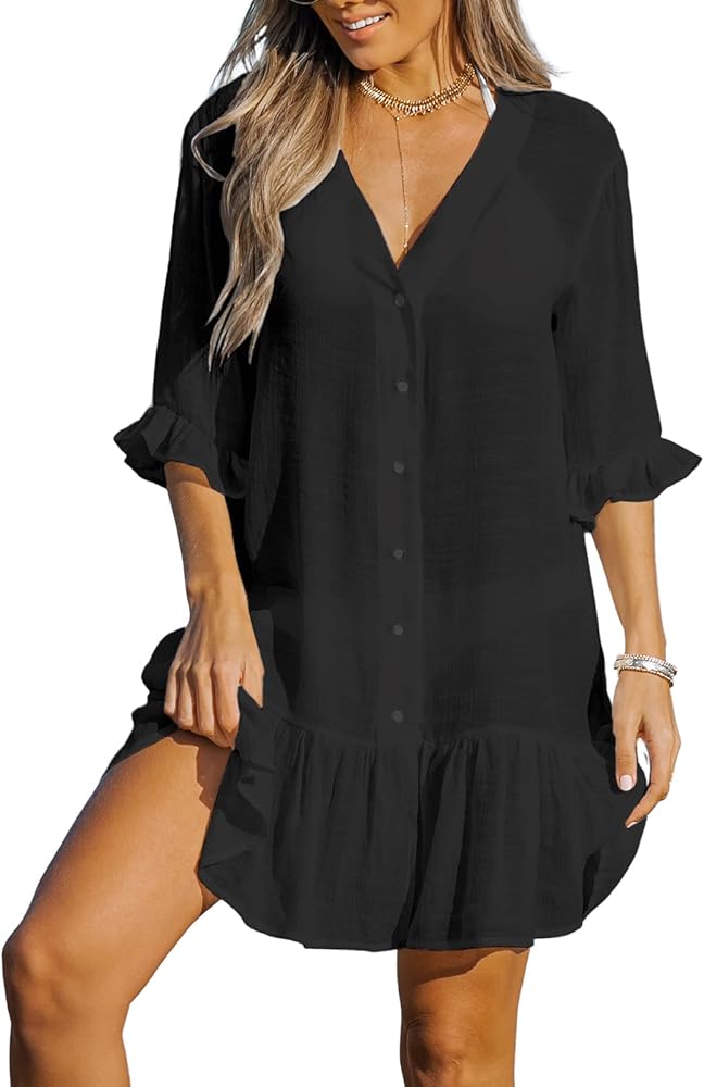 CUPSHE Women's V Neck Ruffled Cover Up Button Down Bathing Suit Beach Dress with Short Sleeves