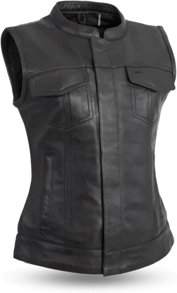 First Mfg Co - Ludlow - Women's Motorcycle Biker Riding Black Denim, Leather, Canvas Vest