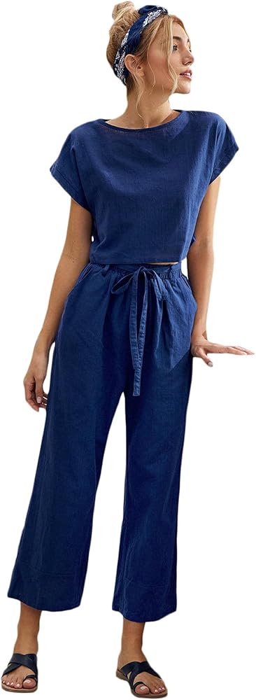 Floerns Women's Batwing Short Sleeve Crop Tops Pants Set Two Piece Outfit