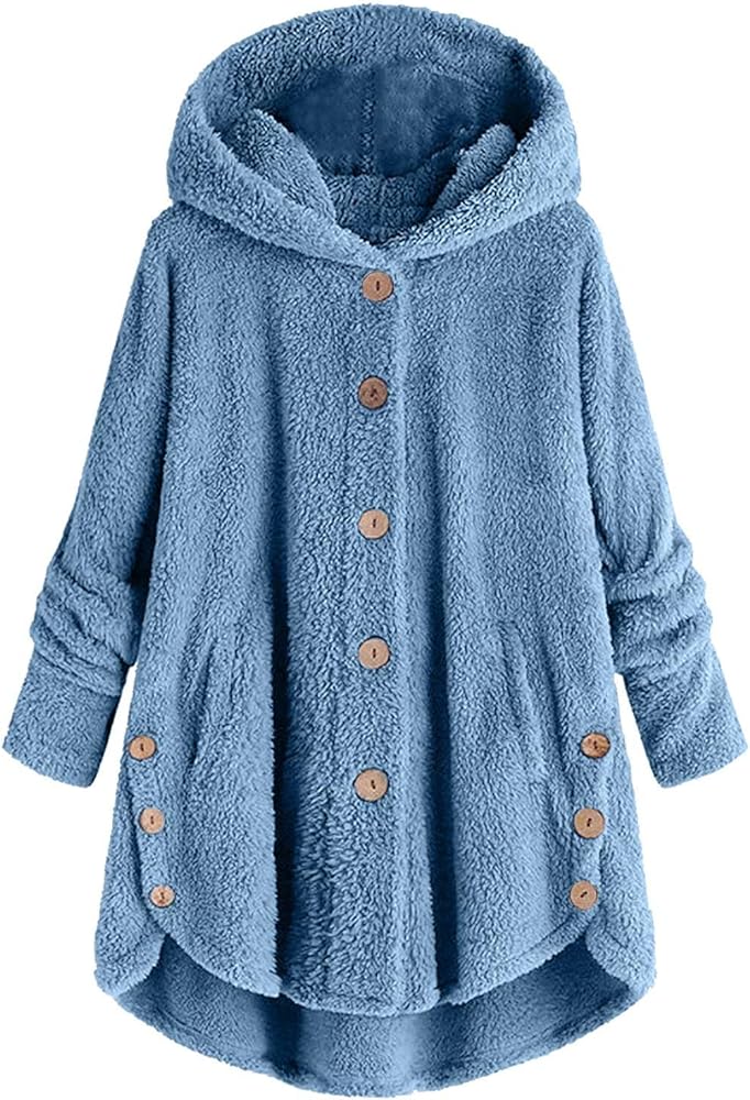 Fuzzy Fleece Hooded Button Down Jacket For Women Oversized Warm Winter Sherpa Cardigan Coat Loungewear