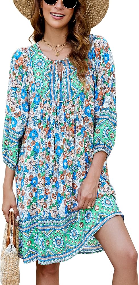 Bluetime Women Casual Summer Dress Boho V Neck 3/4 Sleeve Short Babydoll Floral Print Flowy Beach Dresses