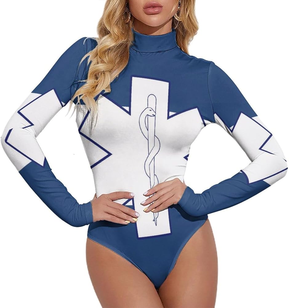 EMS Star of Life Women's Bodysuit Tops Turtle Neck Long Sleeve Jumpsuit Print T Shirt