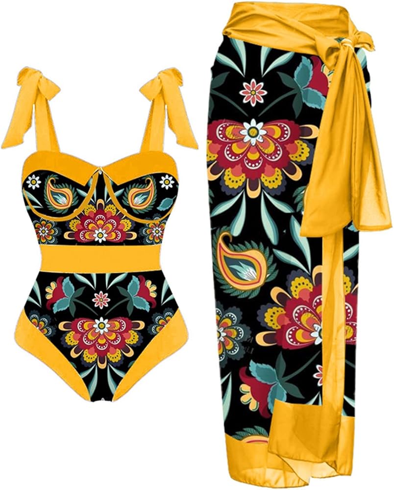 Women's 3 Pieces Swimsuit with Cover up Beach Skirt Summer Beach Swimsuits Bathing Suit One Piece Swimwear