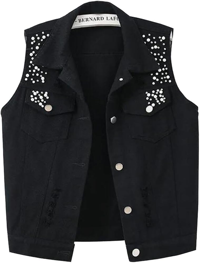 Womens Beading Pearls Denim Button Vest Ripped Waistcoatvest Sleeveless Jean Jacket