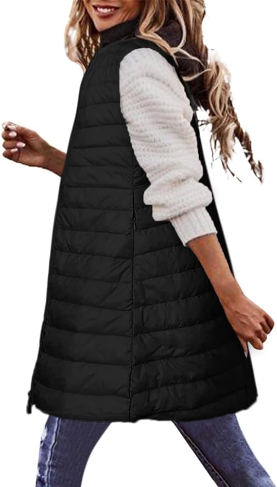 Puffer Vest Women Long Down Hooded Vests Plus Size Winter Sleeveless Zip Up Jacket Thick Warm Coats Outerwear Puffer Vest Women with Hood Plus Size Oversized Vests for Women