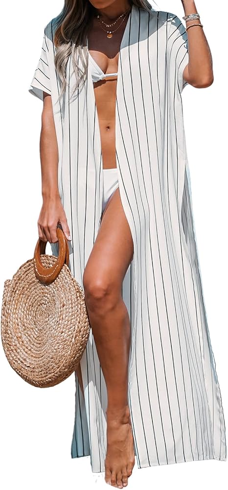 CUPSHE Women Short Sleeve Open Front Beach Kimono Summer Stripe Long Cover-Ups