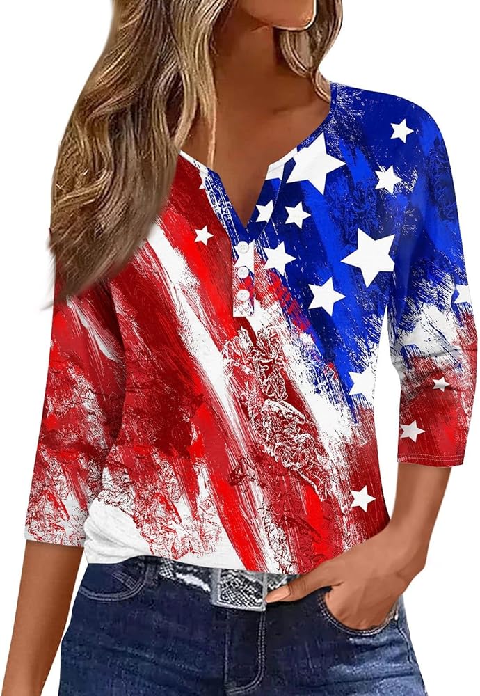 Womens Tops Summer Casual 3/4 Length Sleeve V Neck Loose Shirts 4Th July Outfit American Flag T-Shirt Blouses