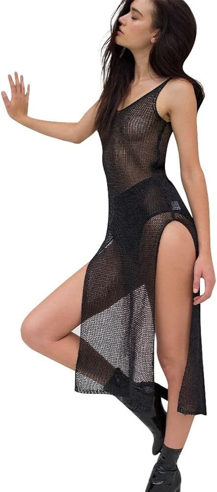 Women Sexy Crochet Swimsuit Cover Ups Sleeveless See Through Maxi Long Dress Beach Bathing Suit Bikini Swimwear Dress