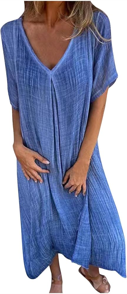 Womens Cotton Liner Shirt Dress V Neck Casual Loose Maxi Dresses Lightweight Breathable Cover Up Dress Beach Vacation