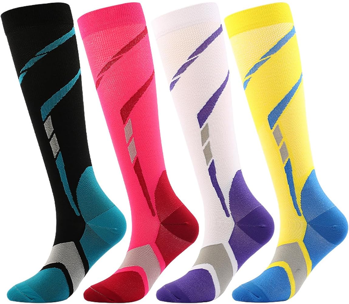 4Pairs Sport Compression Socks Knee High Long Tube Socks for Men Women Running Travel Athletic