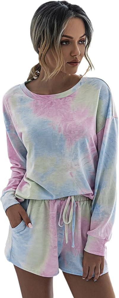 Milumia Women's Two Piece Outfit Tie Dye Long Sleeve Sweatshirt and Track Shorts Set