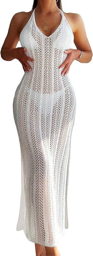 Verdusa Women's Halter Neck Tied Backless Crochet Knitted Bikini Cover Up Dress