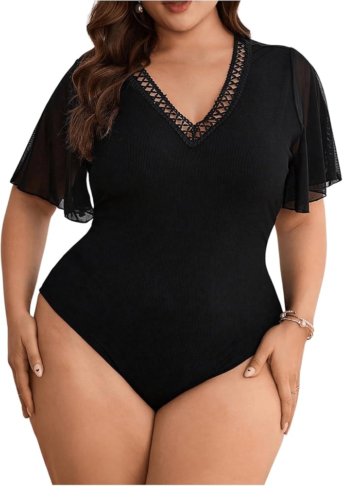 SOLY HUX Women's Plus Size Lace Mesh Deep V Neck Bodysuit Short Sleeve Leotard Tee Tops