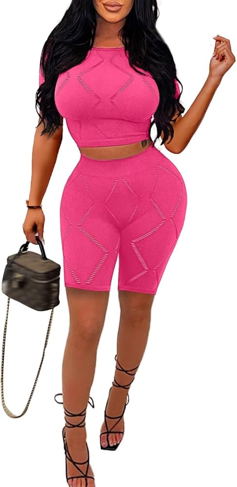 acelyn Women's Sexy Two Piece Outfits Cutout Tracksuit Workout Crop Tops Short Pant Sets Clubwear