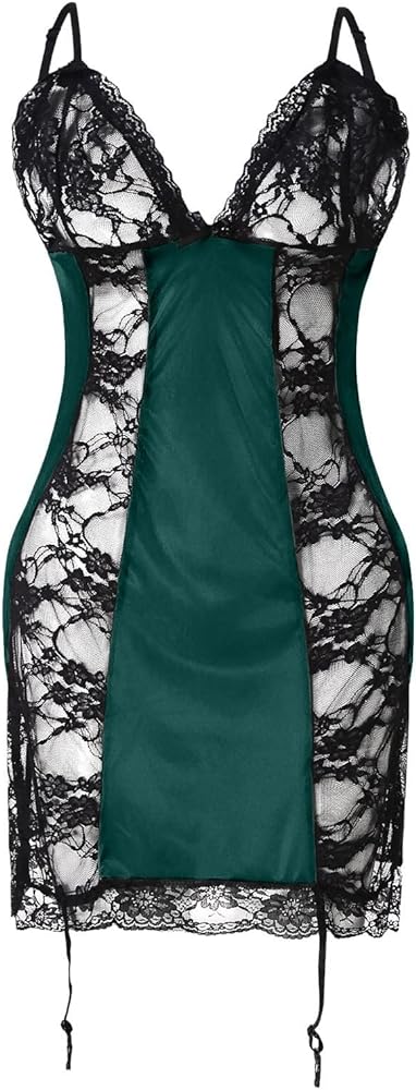 SNKSDGM Lingerie for Women Lace Chemise Babydoll No Stockings Wetlook Nightwear Pyjamas Sexy Adjustable Straps Lingerie Set