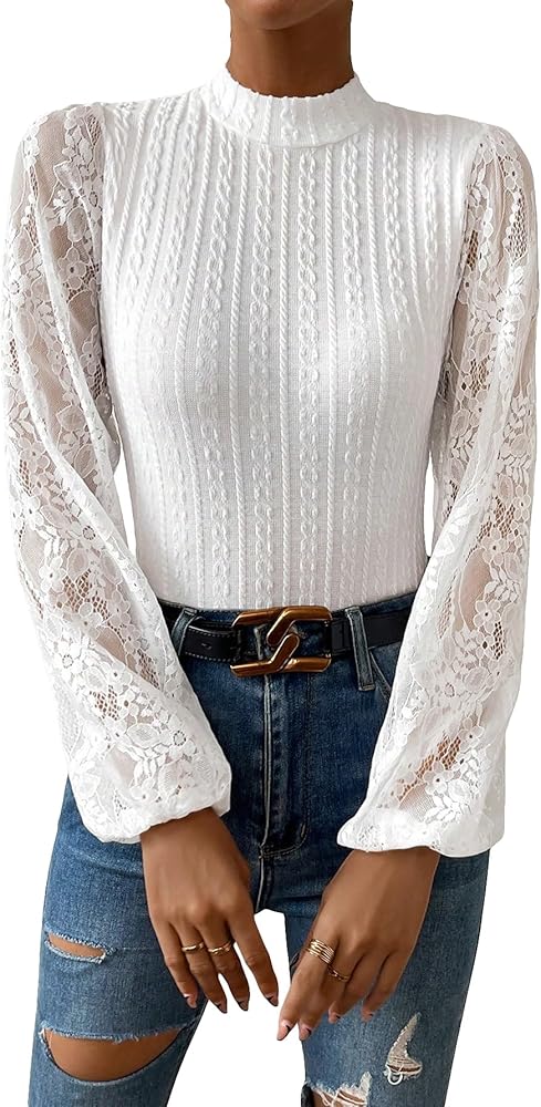 OYOANGLE Women's Elegant Rib Knit Contrast Lace Long Sleeve Mock Neck Bodysuit Blouse Tops