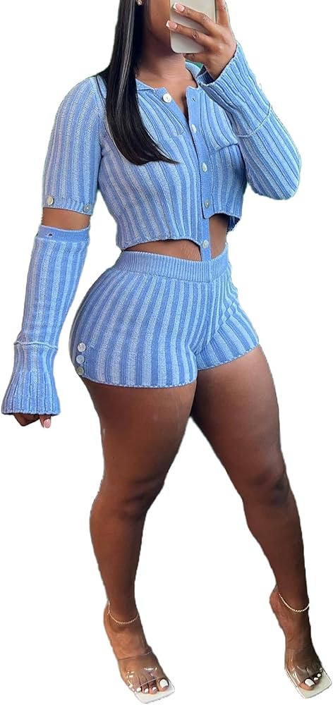 VOIKERDR Crochet Sets Two Piece Women Detachable Sleeves Asymmetric Shirt and High Waist Shorts Knit Matching Sets