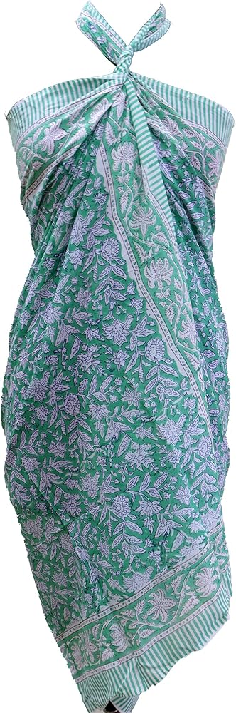 Women Cotton Sarong Beach Cover Up Indian Hand Block Floral Print Swimsuit Bikini Wrap Cover