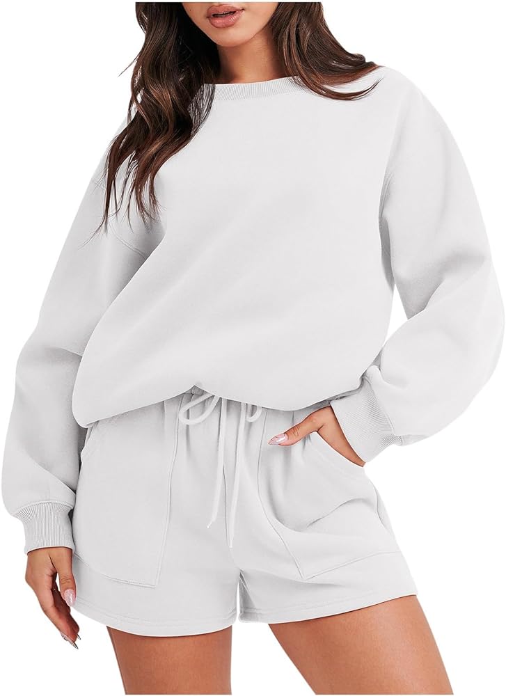 Women Two Piece Outfits Sets Summer Sweatshirt Sets for Women 2 Piece Shorts Oversized Tacksuit Set Sport Shorts with Pockets 2023 Fashion Trends Women Outfits White m