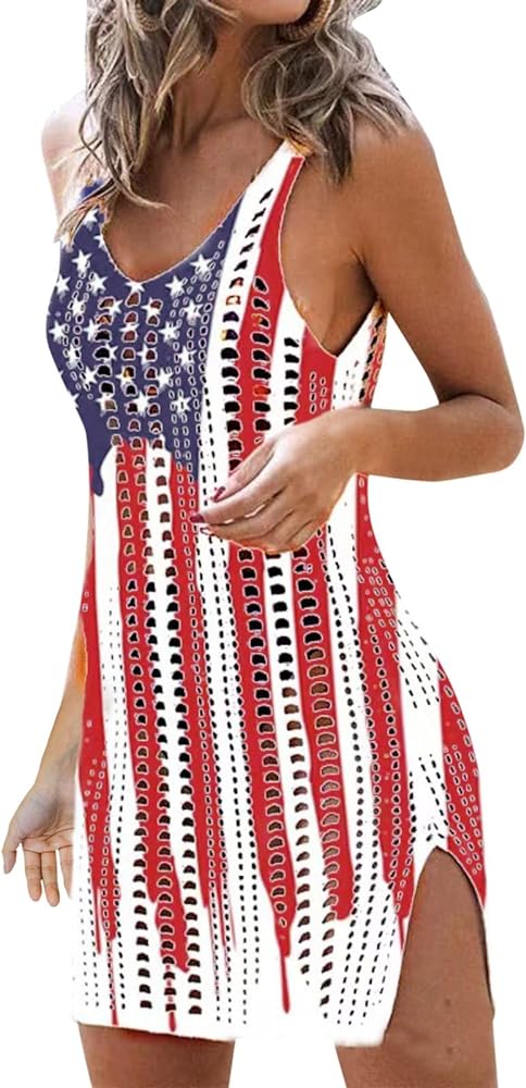 Women Swimsuit Crochet Swim Cover Up Cover Ups Casual American Flag 2023 Beach Swimwear Knitted Cami Dress