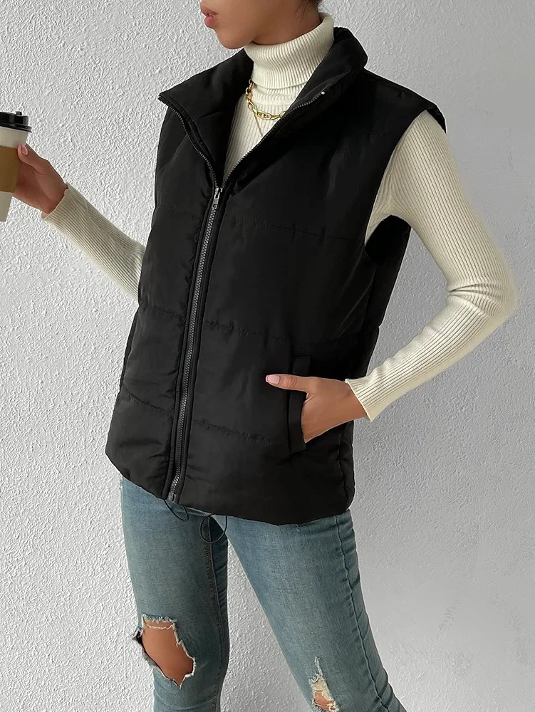 Jackets for Women - Drawstring Hem Zipper Vest Puffer Coat (Color : Black, Size : X-Small)