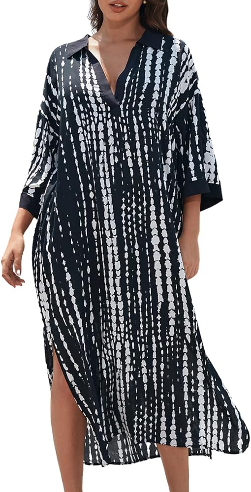 Eddoyee Bathing Suit Coverups Side Spilt Beach Cover Up 3/4 Sleeve Kaftan Dresses for Women Plus Size