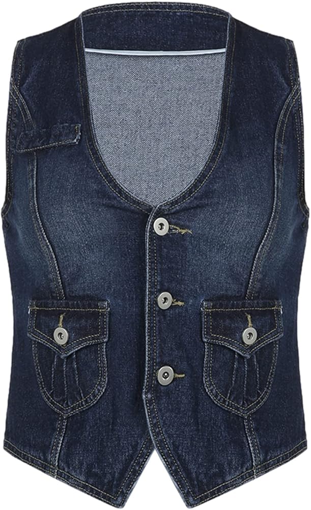 Peaceglad Womens Denim Jean Vest Sleeveless V Neck Button Down Jean Jacket Coat With Pockets