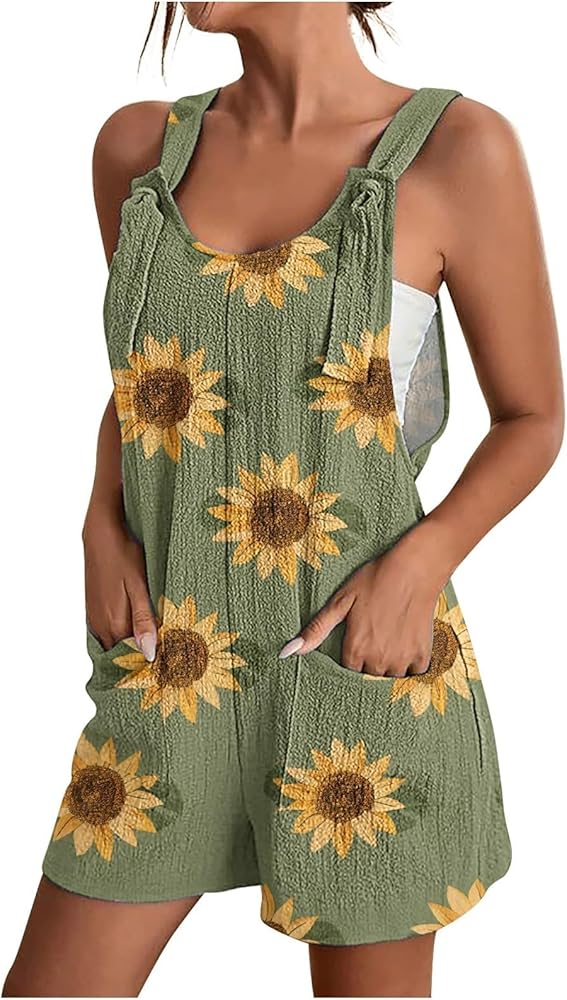 Women's Summer Rompers Loose Fit Cute Daisy Sunflower Print Overalls Casual Sleeveless Short Jumpsuits with Pockets