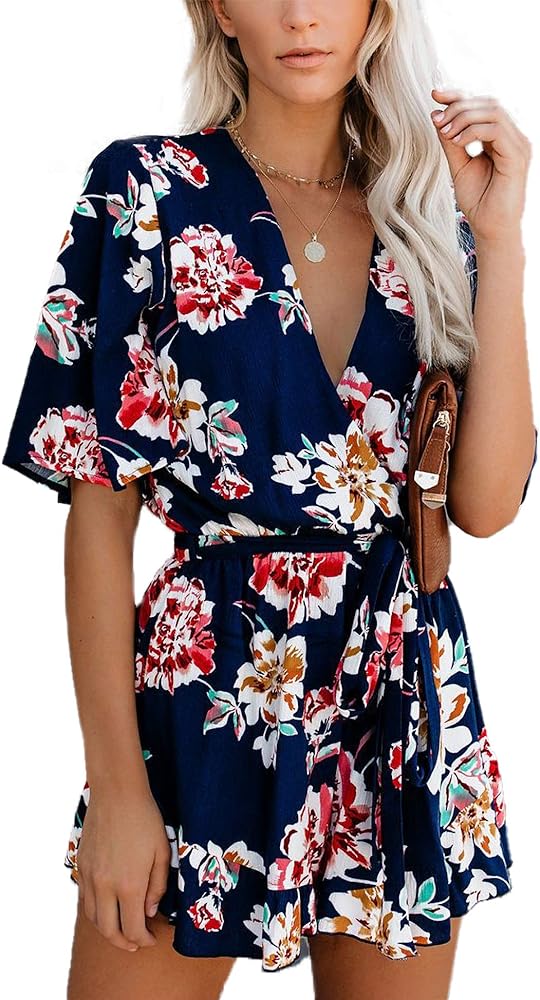 Relipop Women's Summer Romper Floral Print V Neck Flared Half Sleeve Elastic Tie Waist Ruffle Casual Rompers Jumpsuits