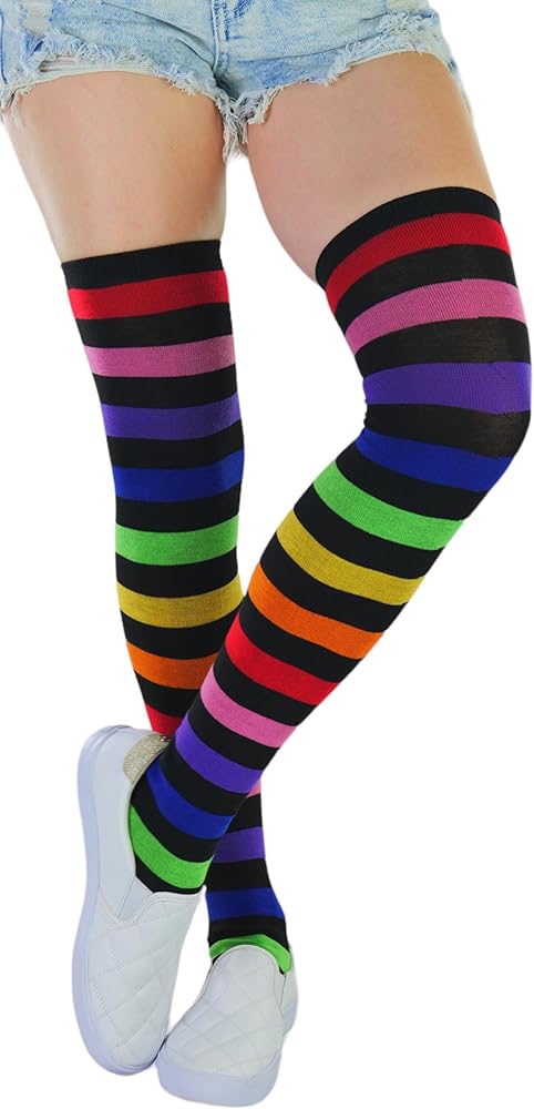 ToBeInStyle Women’s Bright Vibrant Rainbow Striped Thigh High Rave Stockings