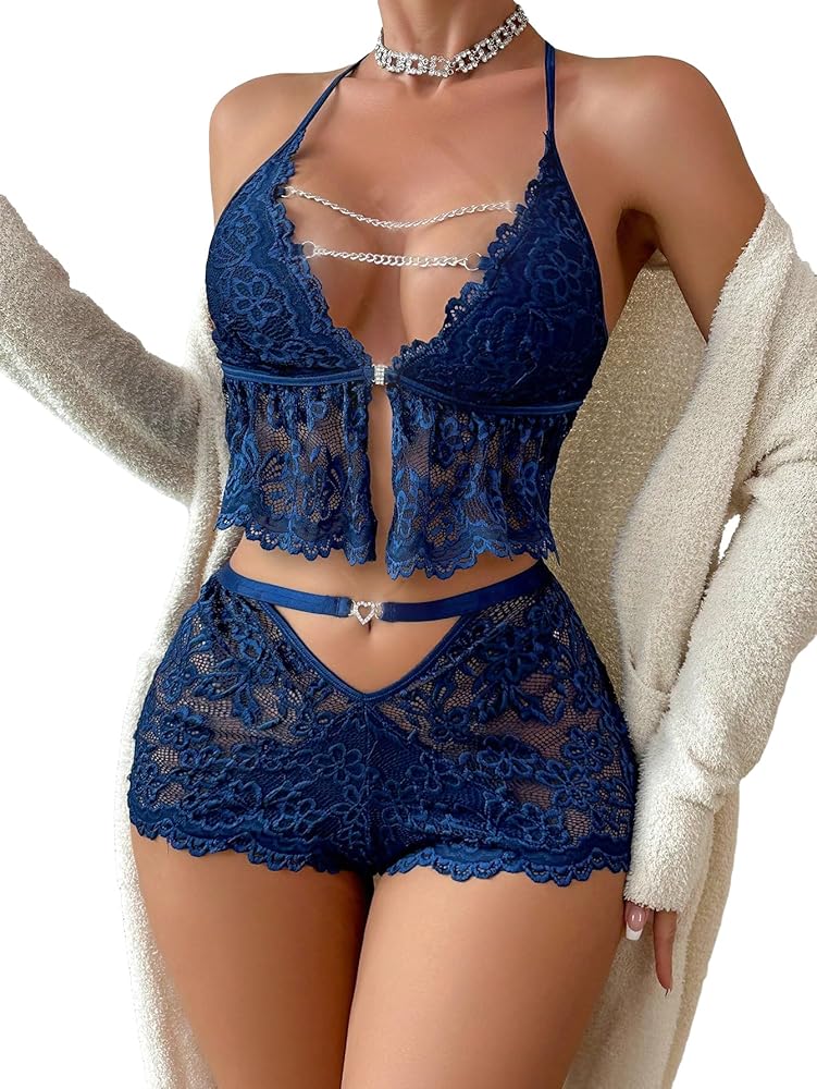 SHENHE Women's Lace Sleepwear Backless Halter Cami Top and Shorts Sexy Pajama Set