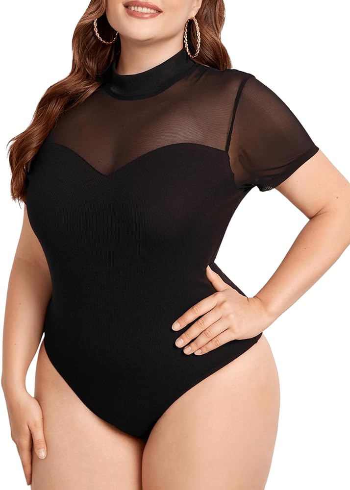 Milumia Women's Plus Size Mesh Bodysuit Short Sleeve Mock Neck Slim Fit Tee Bodysuit