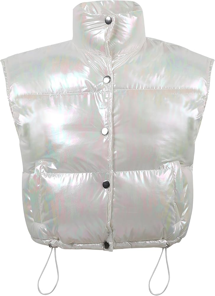 Women's Cropped Puffer Vest Shiny Metallic Quilted Down Vest Sleeveless Bubble Puffy Jacket Coats