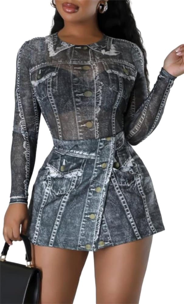 Women Sexy 2 Piece Outfits Denim Print Mesh Sheer Top Bodysuit Slit Skirt Shorts Set Dress