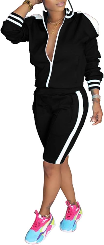 Women's 2 Piece Side Striped Jogger Set Cold Shoulder Short Set,Sportswear Zipper Jacket Long Sleeve Elastic Band Shorts