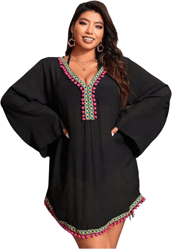 Verdusa Women's Plus Size Bell Sleeve V Neck Bikini Swimwear Cover Up Dress