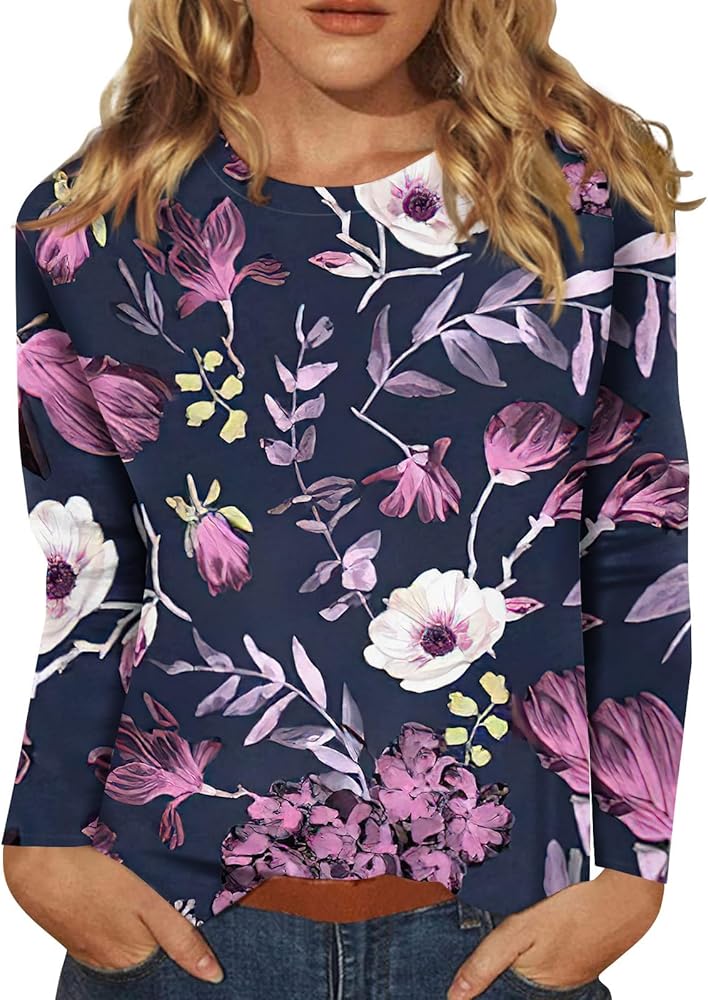 Women's Fall Tops Dressy Casual Long Sleeve Round Neck T-Shirts Trendy Boho Flower Printed Going Out Blouses