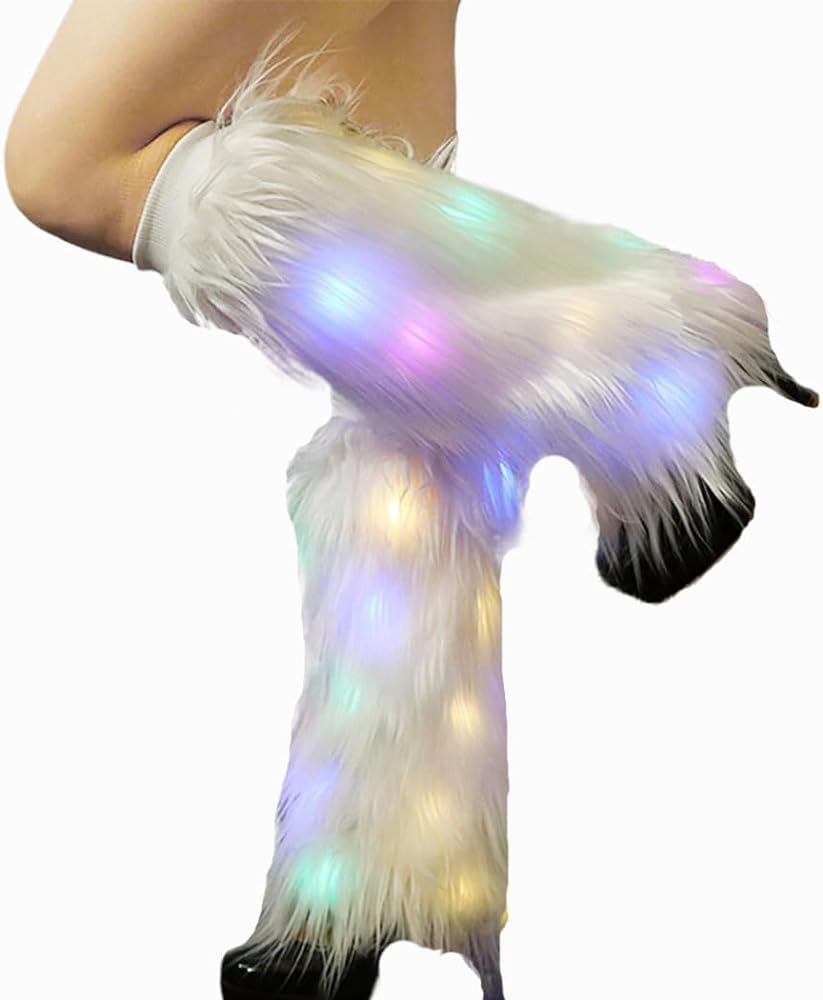 White Faux Fur Leg Warmers Light Up Rave LED Leg Cover 80s Winter Furry Long Boot Covers Sexy Fun Dance Hosiery for Women and Girls