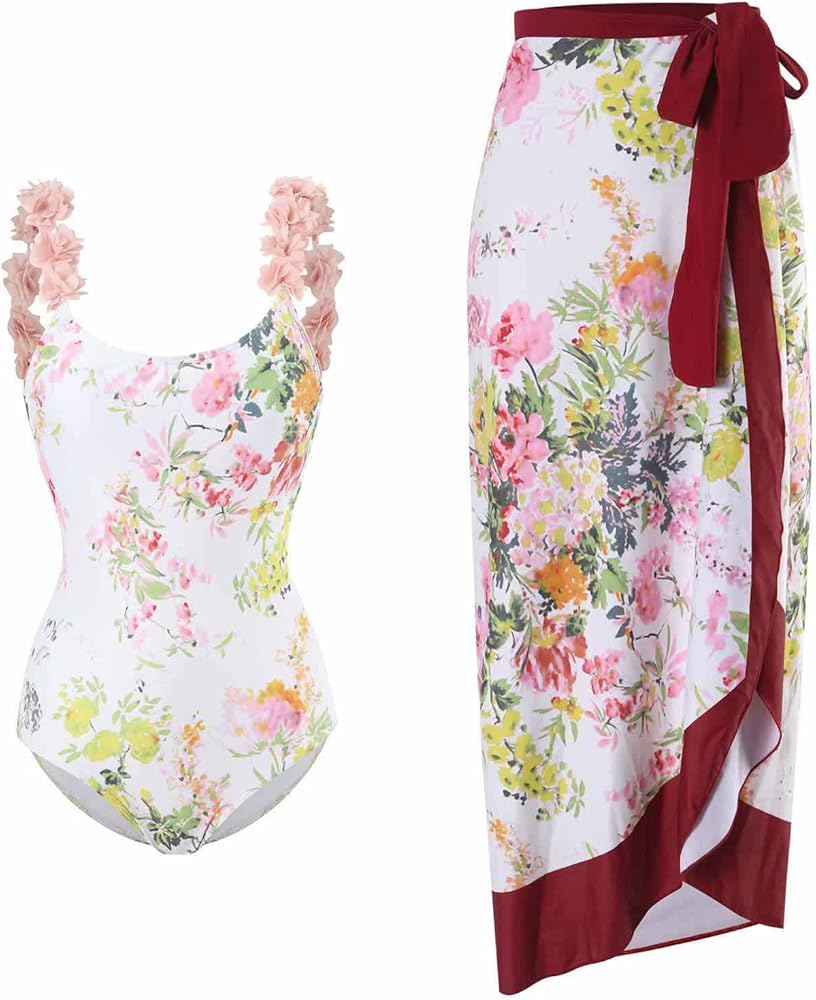 womens one piece swimsuits Sexy One Piece Swimsuit for Women with Matching Cover Ups Sarong Retro Floral Print Bikini Set Two Piece Bathing Suit Wine L