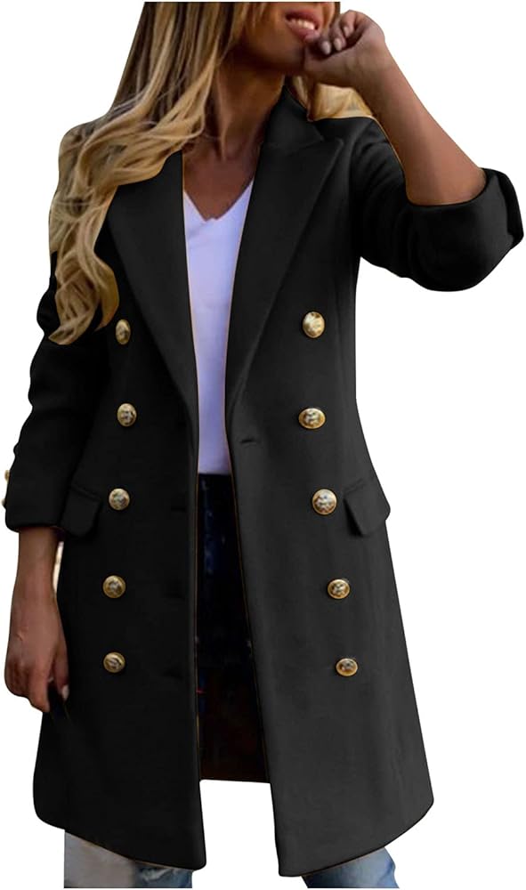 Women's Notch Lapel Wool Blend Mid-Long Pea Trench Coat Double Breasted Warm Winter Long Jacket Pea Coat